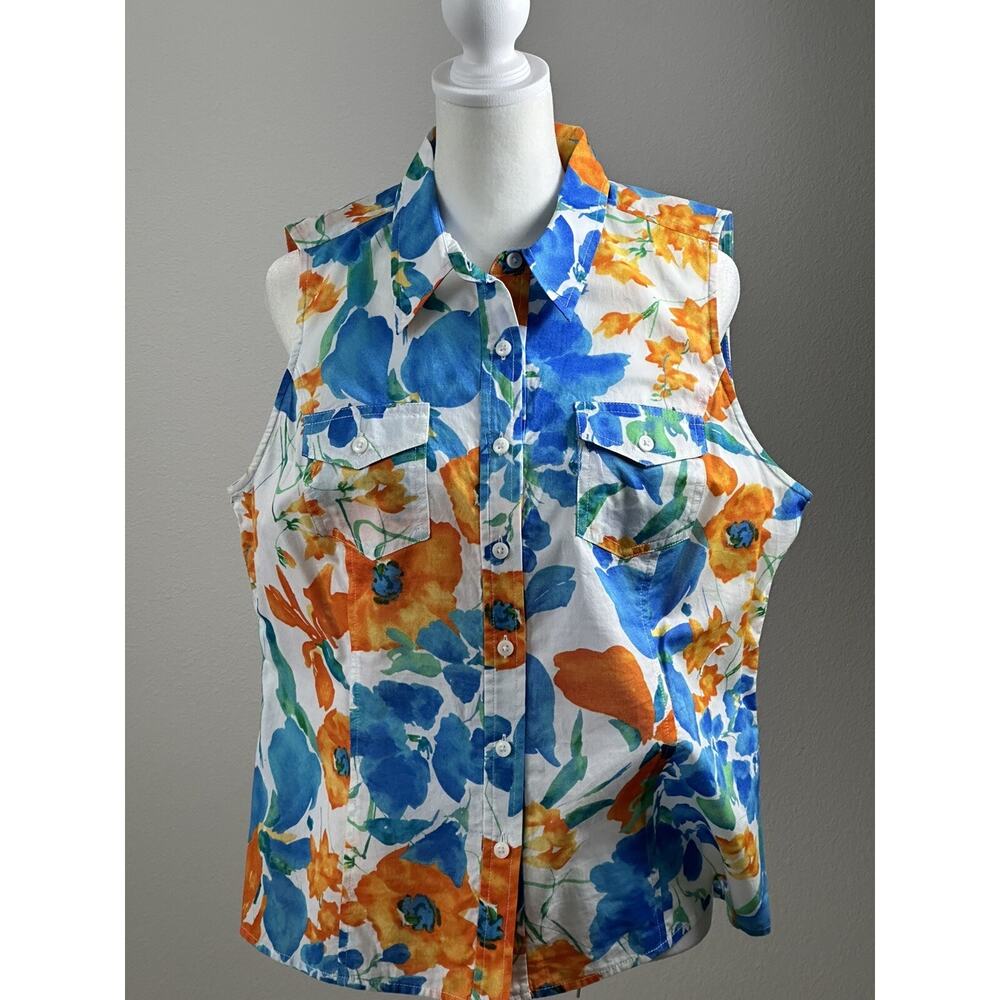Jones‎ New York Sport Petite PL Sleeveless Floral Blouse Two Front Pockets - Picture 7 of 16
